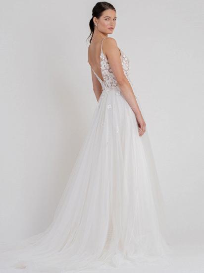 Spaghetti Straps V Neck Tulle Zipper A-Line Wedding Dresses With Lace_4