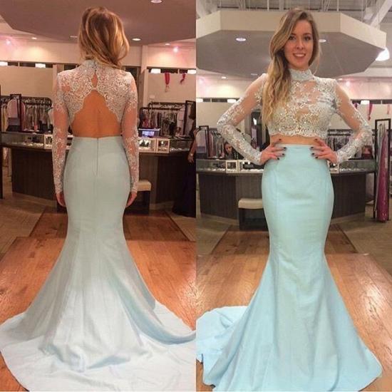 High Collar Mermaid Two Piece Prom Dress Elegant Long Sleeve Lace 2022 Evening Dresses_3