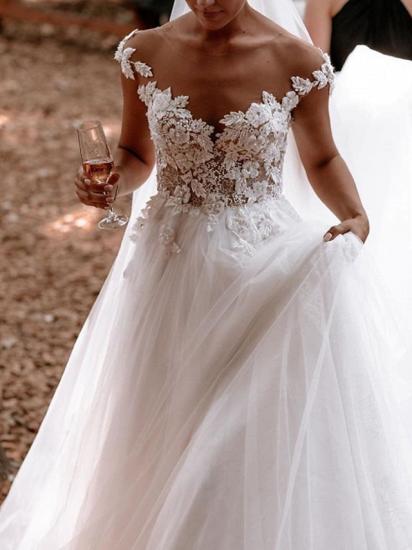 Sexy See-Through A-Line Wedding Dress Jewel Lace Tulle Short Sleeve Bridal Gowns Sweep Train