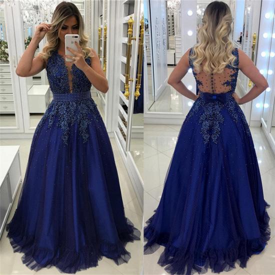 2022 Royal Blue Beads Appliques Prom Dress Sleeveless Sheer Back Formal Evening Dress with Bowknot_4
