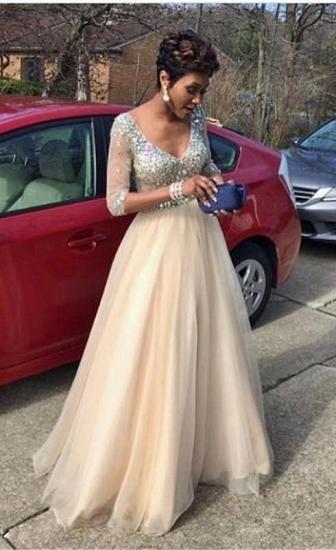 V-Neck Tulle Floor-Length Crystal Glamorous Half-Sleeves Prom Dress