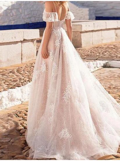 Beach A-Line Wedding Dress Spaghetti Strap Lace Tulle Short Sleeve Sexy See-Through Bridal Gowns_2