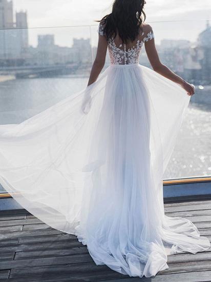Off The Shoulder Tulle White Lace Split A-Line Wedding Dresses_2