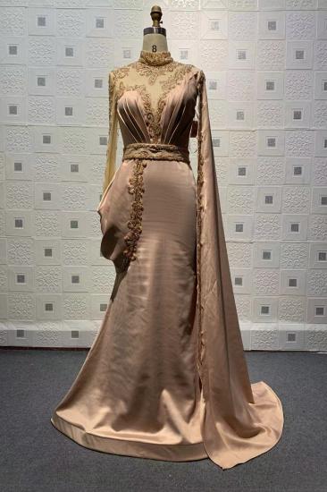 Luxurious One Shoulder Floor Pink Satin Evening Gown Long Sleeve Crystal Gold Appliqué Party Dress_1