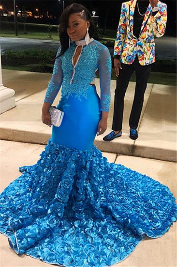Glamorous Blue Sheer Tulle Lone-Sleeves Flower Applique Mermaid Prom Dresses