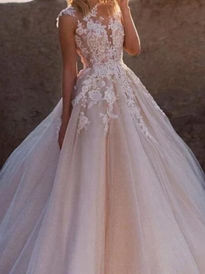 Sexy See-Through A-Line Wedding Dress Jewel Lace Tulle Sleeveless Bridal Gowns with Court Train_3