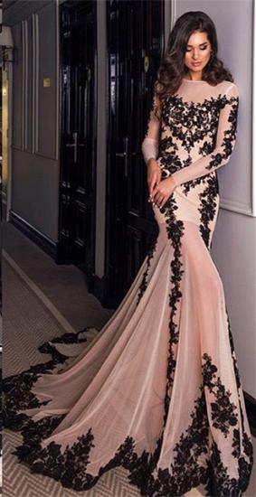 Long Sleeve Black Lace Applique Evening Dresses Sexy Mermaid Tulle Formal Dress 2022