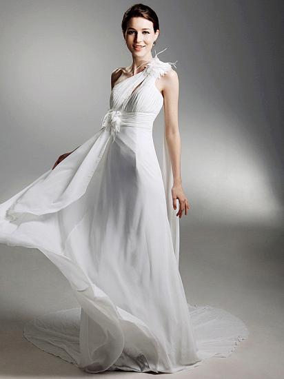 Sheath Wedding Dress One Shoulder Chiffon Sleeveless Bridal Gowns with Watteau Train_3