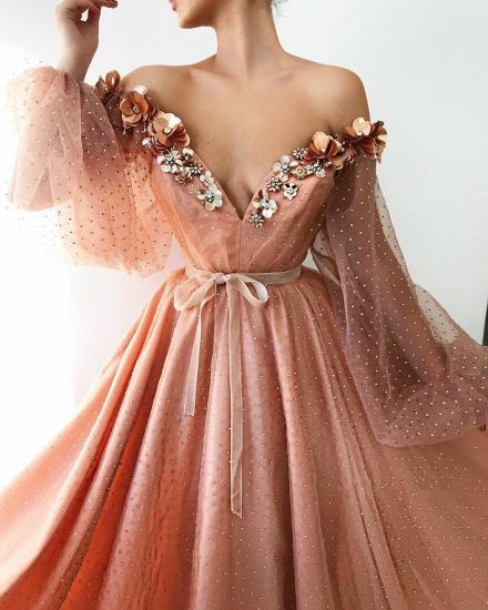 Sexy Off the Shoulder V Neck Long Prom Dress | Chich Tulle Beading Long Sleeves Prom Dress_2