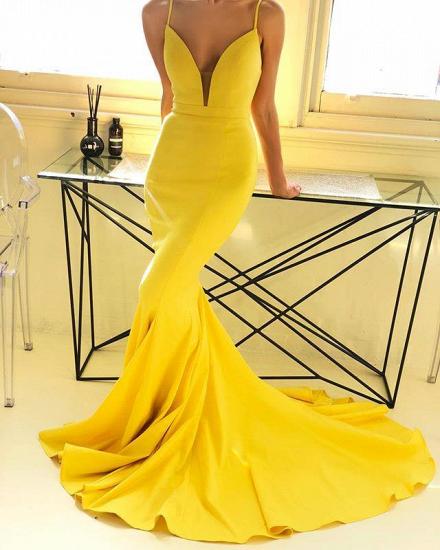 Ginger Yellow Deep V-neck Prom Dress with Chapel Train | Sexy Simple Body-fitting Evening Dress for Sale_1