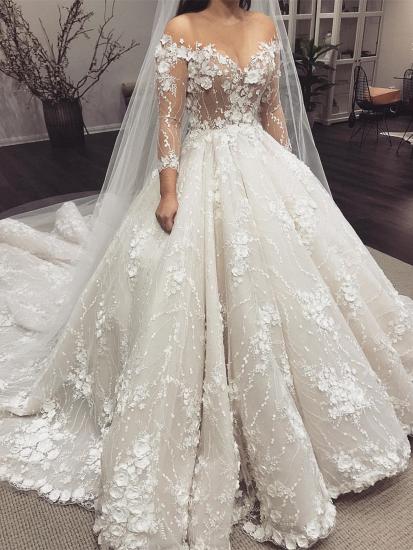Sexy Crew Neck Long Sleeve Princess Bridal Gowns | Lace Appliques Wedding Dress_2