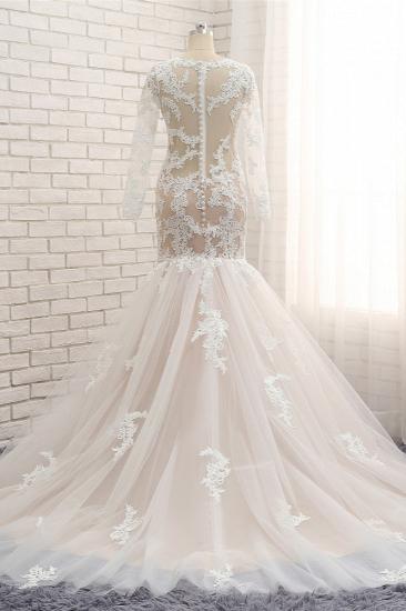 TsClothzone Elegant Longsleeves Jewel Mermaid Wedding Dresses Champagne Tulle Bridal Gowns With Appliques On Sale_3