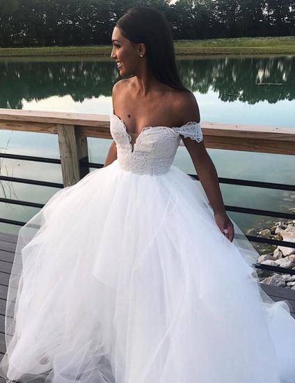 Charming Off the Shoulder A Line Wedding Dress | White Tulle Lace V Neck Bridal Gown_1