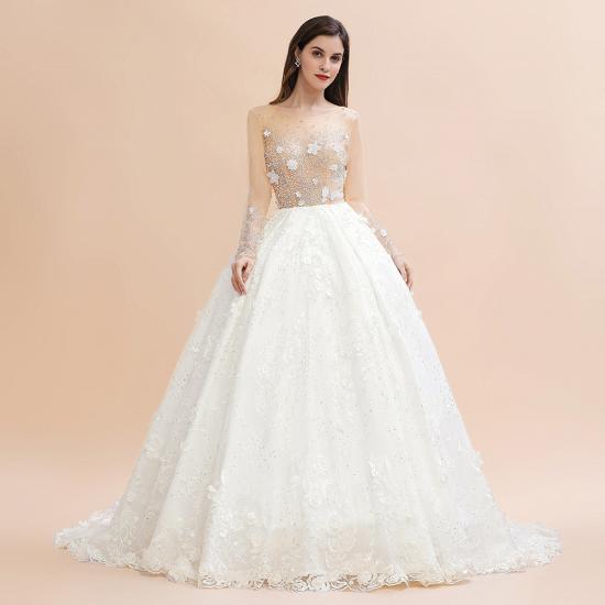 Charmantes Hochzeitskleid mit floralen Spitzenapplikationen Wunderschönes weißes Perlen-Brautkleid_7