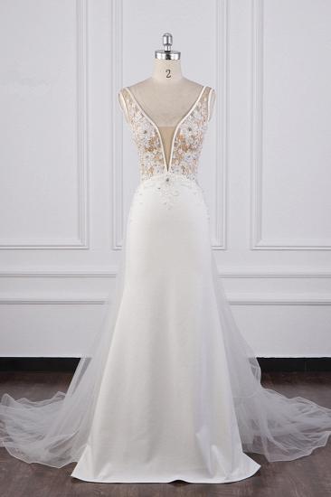 TsClothzone Chic Sheath White Satin V-neck Wedding Dress Tulle Lace Appliques Bridal Gowns Online_2