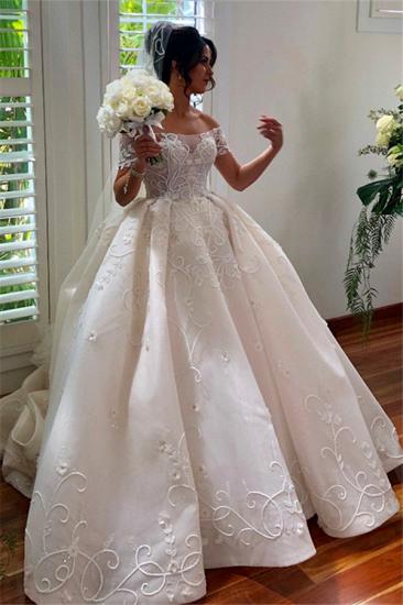 Glamorous Off the Shoulder Ball Gown Wedding Dress | Appliques Sweep Train Bridal Dresses_1
