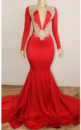 Long Sleeve Red Prom Dresses with Beads Crystals | V-neck Open Back Sexy Evening Gowns Cheap
