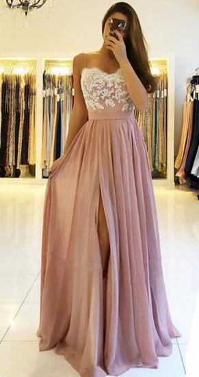 2022 Spaghetti Straps Pink Prom Dresses Cheap | Open Back Lace Chiffon Slit Formal Evening Gown_1