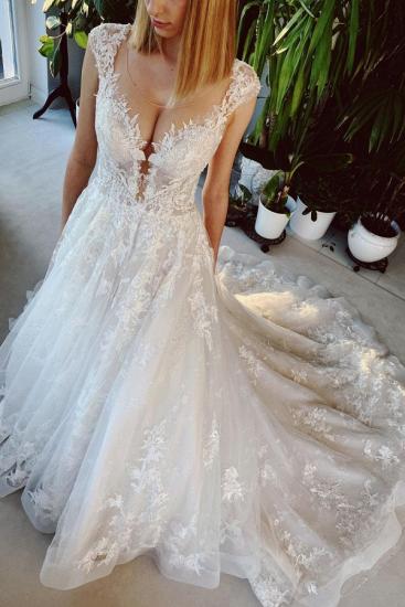 V-Neck A-line Wedding Dress Sleeveless Tulle Lace Appliques Bridal Dress_1