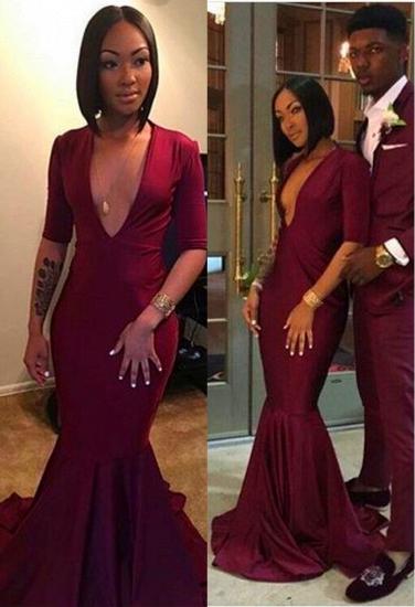 Sexy V-neck Burgundy Long Mermaid Prom Dresses with Sleeves