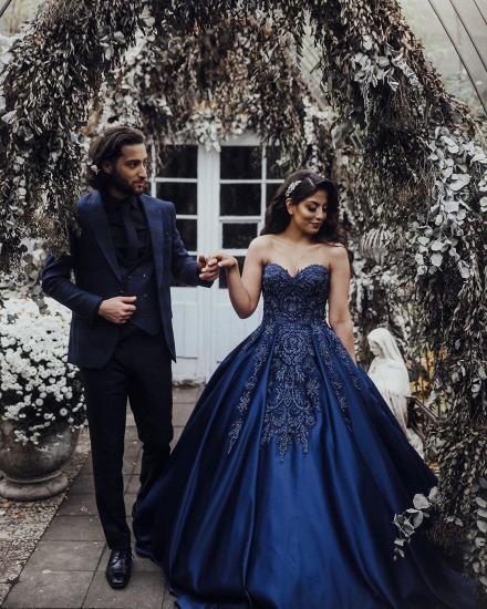 Charming Sweetheart Sleeveless Lace Appliques Navy Blue Wedding Party Gown_5