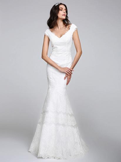 Romantisches Meerjungfrau-Hochzeitskleid mit V-Ausschnitt, durchgehender Spitze, Flügelärmeln, sexy, rückenfreien Brautkleidern, Illusionsdetail_4