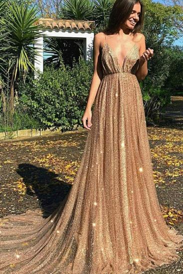 Glamorous Sequins A-Line Long Prom Gowns | 2022 Spaghetti Straps V-Neck Evening Dress_1
