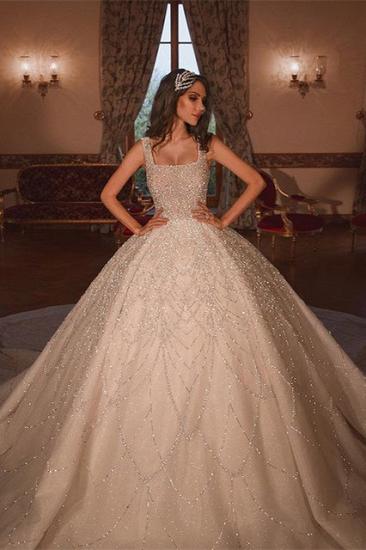 Glitzerndes Luxus-Ballkleid-Hochzeitskleid mit eckigem Ausschnitt und Tüll und langer Schleppe_1