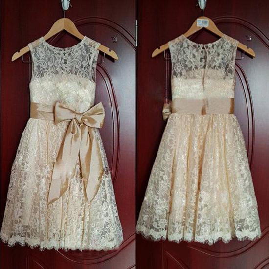 Cute Champagne Lace Flower Girl Dress with Bowknot New Arrival A-Line Wedding Dress_2