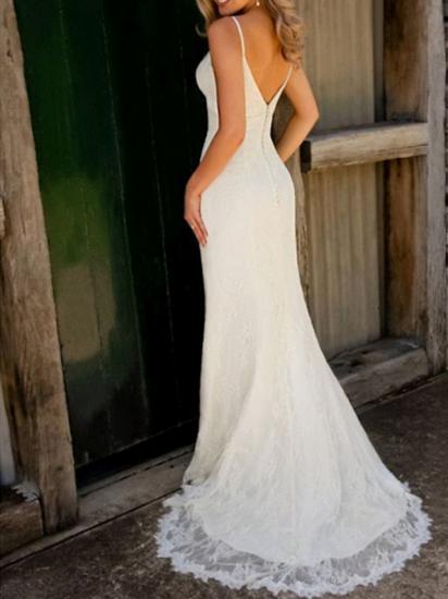 Sexy Mermaid Wedding Dress V-Neck Spaghetti Strap Lace Sleeveless Simple Bridal Gowns Sweep Train_2