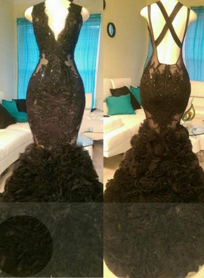 Gorgeous Black Mermaid V-Neck Tulle Appliques Open-Back Prom Dress_1