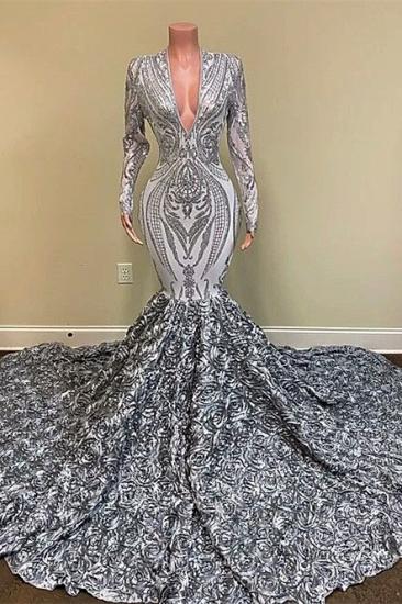 Silver long sleeves sequin floor length prom dress with flowers_1