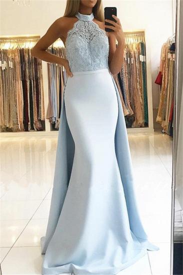 2022 Babyblaues elegantes hochgeschlossenes Spitzen-Abendkleid | Langer Überrock Meerjungfrau Sexy Partykleid