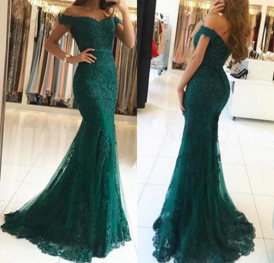 Charming Off Shoulder Mermaid Tulle Lace Evening Prom Dress Party Wear Dress_4