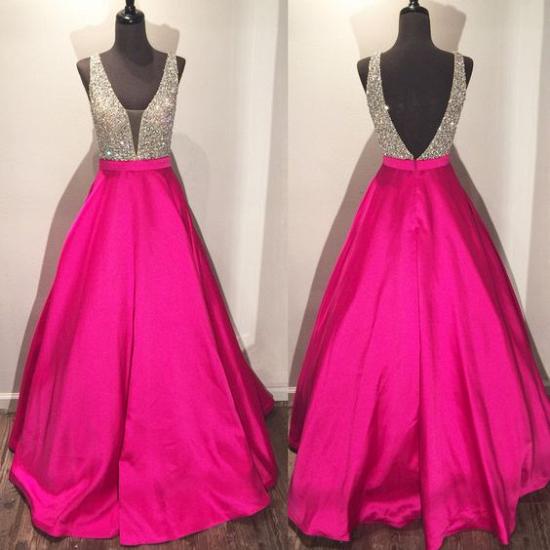 Elegant Sparkly Beads Top A-line Evening Dress Open Back Stretch Satin Prom Gown_5