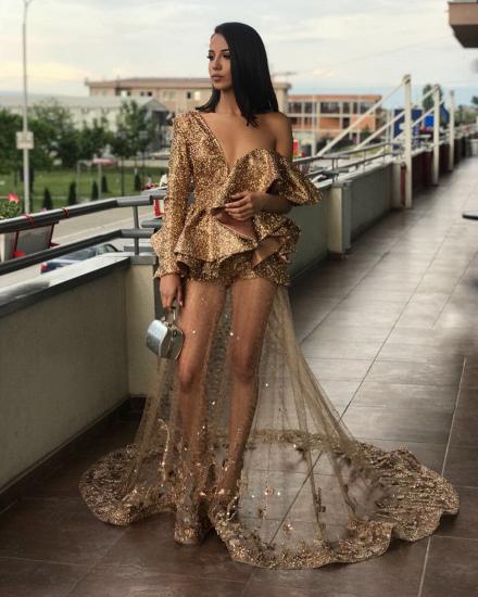 One Sleeve Gold Sequins Prom Dresses Cheap 2022 | Sheer Tulle Appliques Sexy Evening Gowns_5