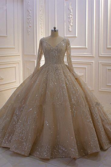 Sparkle Lace Long sleeves Champange Luxury corset Wedding Dress_2