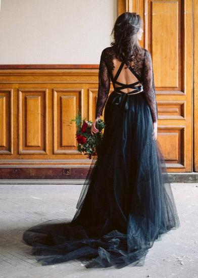 Black Lace Long Sleeves Wedding Dress Tulle Aline Floor Length Bridal Dress_3