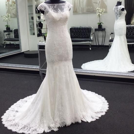 Elegant Cap Sleeves White Illusion neck Lace Mermaid Wedding Dress with Court Train_2