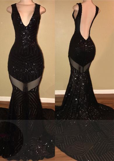 Meerjungfrau-V-Ausschnitt, schwarzes, sexy, rückenfreies, ärmelloses Ballkleid mit Pailletten
