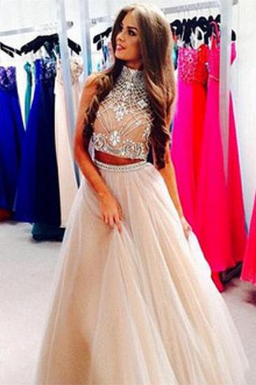 High Collar Two Pieces Crystal Prom Dress A-Line Halter Beadings Tulle Evening Gown_4