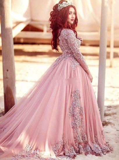 Gorgeous Long-Sleeve Arabic Style Lace Appliques Tulle Evening Dress_3