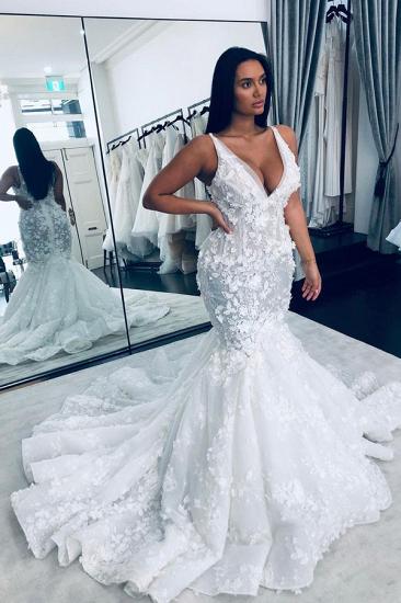 Charming V-Neck Sleeveless Mermaid Wedding Gown Floral Lace Bridal Gown_1