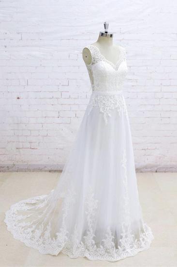 Stilvolles ärmelloses Brautkleid mit V-Ausschnitt und Trägern | Weiße Tüll-Brautkleider in A-Linie mit Applikationen_4