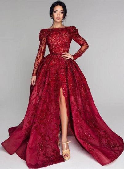 Fashion Word Shoulder Open Back Long Sleeves Floor Length A-line Split Prom Dresses With Lace Appliques And Waistband | Burgundy Princess Party Gowns With Zipper_3