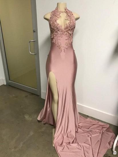 Pink Sleeveless Front Slit Appliqued Long Mermaid Prom Dresses_3