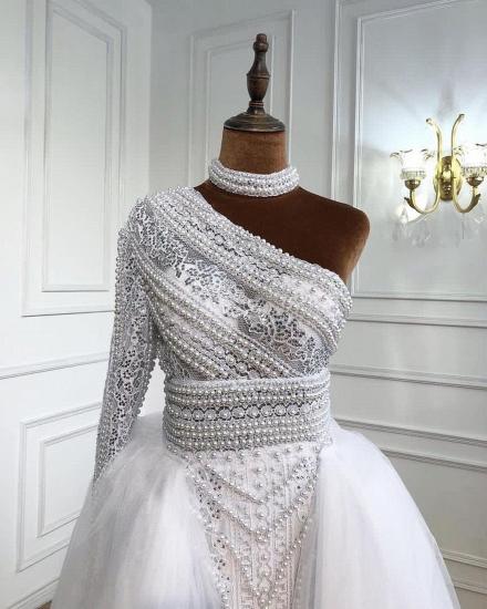 One Shoulder White Peals Lace Mermaid Wedding Gown with Tulle Detachable Train_4