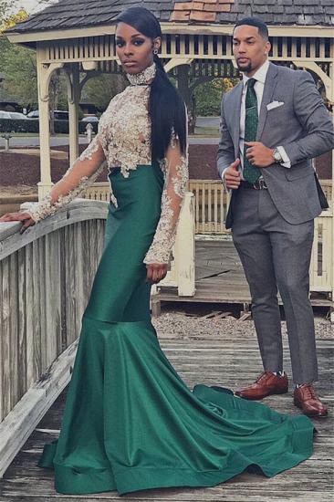 2022 Halter Backless Long Sleeve Prom Dress Lace Appliques Mermaid Dark Green Evening Gown_4