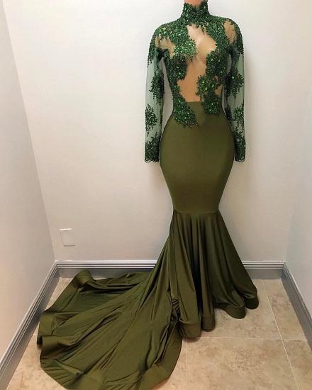2022 Oliva Green Prom Dress Sexy Sheer Appliques Tulle Long Sleeve Mermaid Evening Gown_3