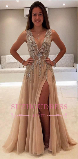 V-Neck A-line Crystal Prom Dresses | Sleeveless Side Slit Evening Dresses_1